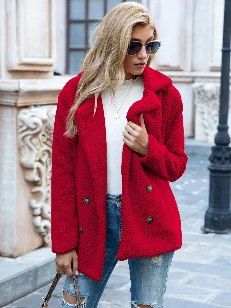 Damen Teddy Wintermantel Kuschelig Warm Uni-Farbe