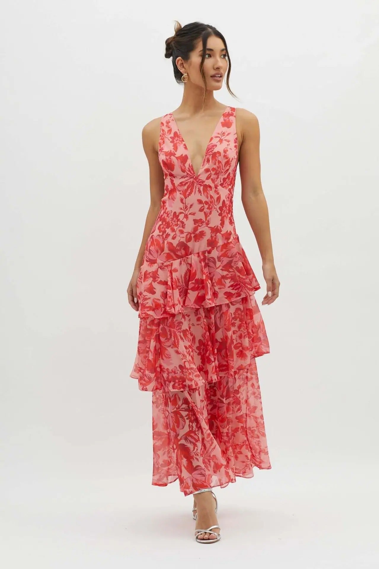 Damen Geblümtes Maxikleid Elegantes Stufenkleid