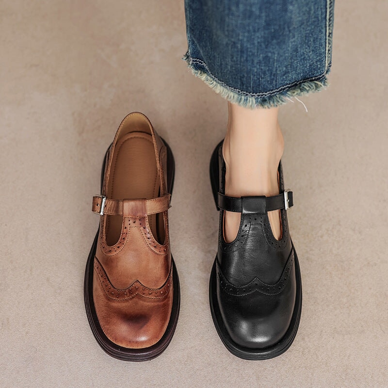 Damen Mary Jane Schuhe Wingtip T-Riemen