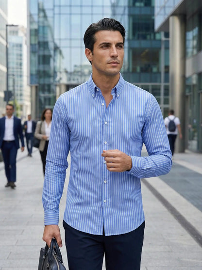 Herren Slim Fit Knopfhemd Streifen Baumwolle Weiß