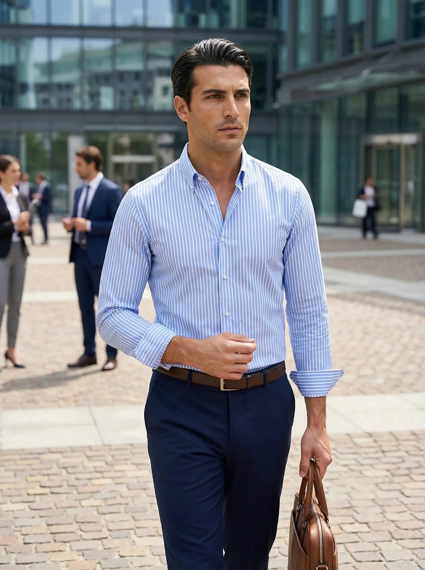 Herren Slim Fit Knopfhemd Streifen Baumwolle Weiß