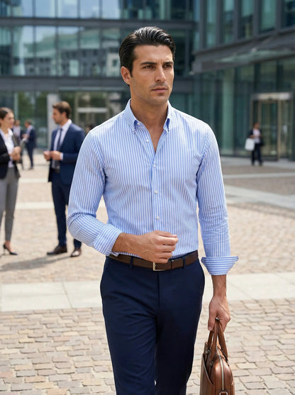 Herren Slim Fit Knopfhemd Streifen Baumwolle Weiß