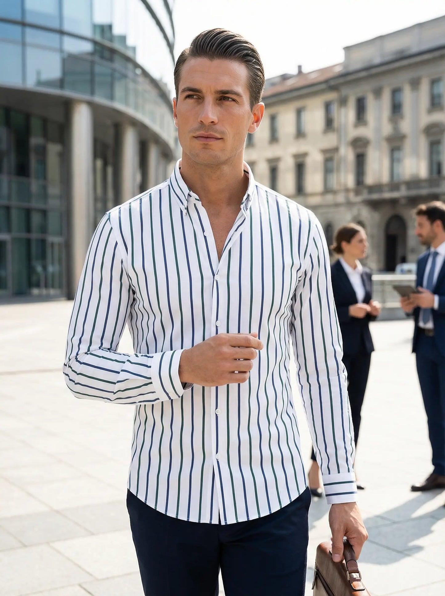 Herren Slim Fit Knopfhemd Streifen Baumwolle Weiß