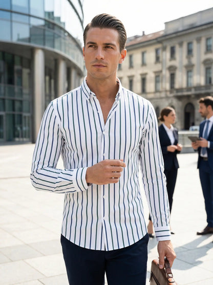 Herren Slim Fit Knopfhemd Streifen Baumwolle Weiß