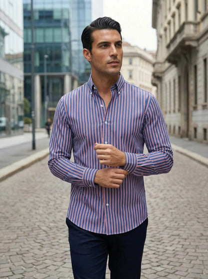 Herren Slim Fit Knopfhemd Streifen Baumwolle Weiß