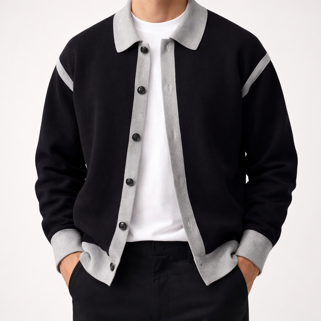 Herren Pulloverjacke Kontrastbesatz Knopfleiste