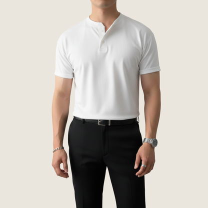 Herren Kurzarmshirt Henley Minimal Knopf Weiss