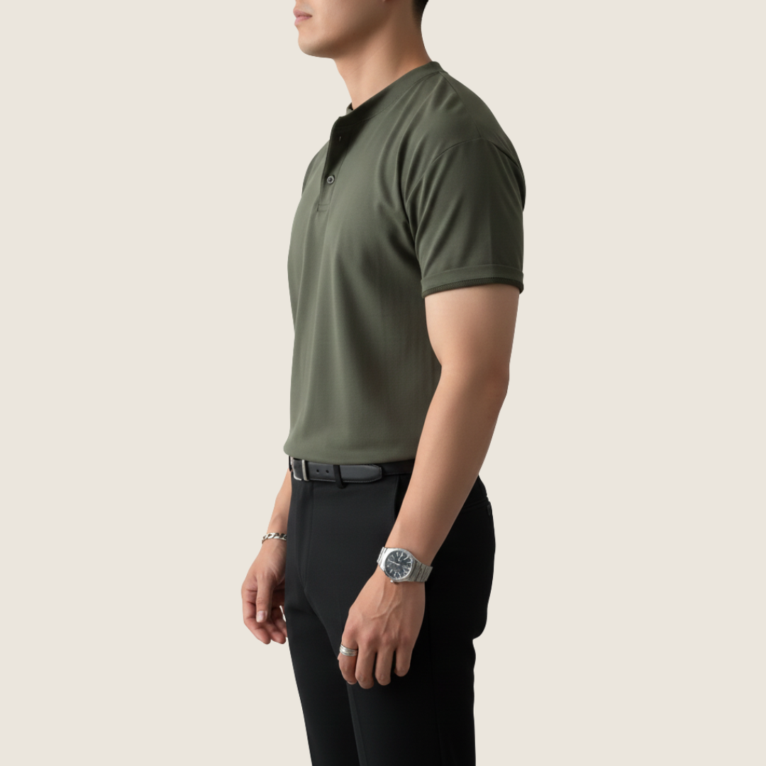 Herren Kurzarmshirt Henley Minimal Knopf Weiss