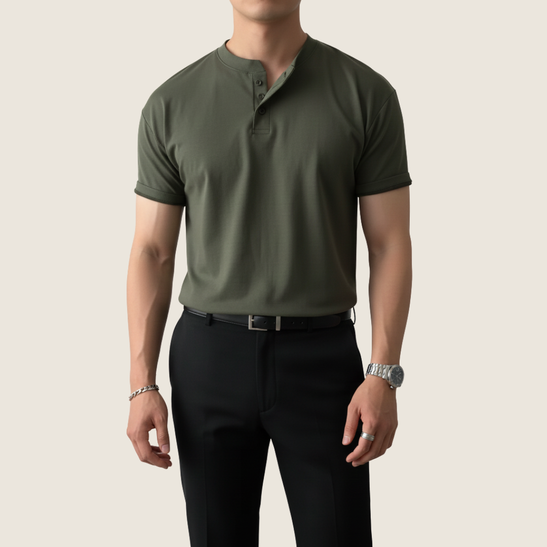 Herren Kurzarmshirt Henley Minimal Knopf Weiss - Eveloria