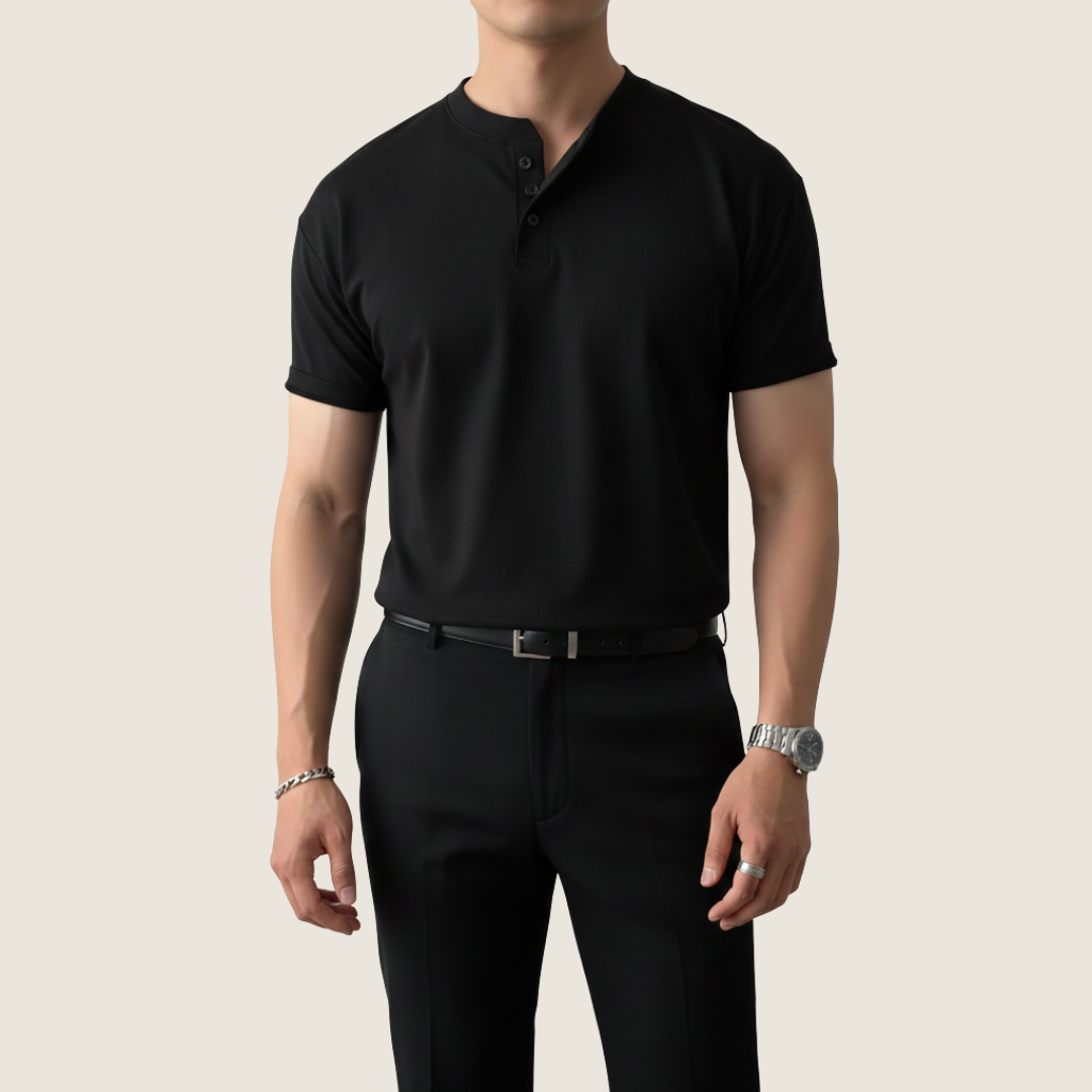 Herren Kurzarmshirt Henley Minimal Knopf Weiss