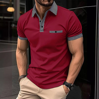 Herren Polohemd Karo-Kragen Taschen Baumwolle Weiß-