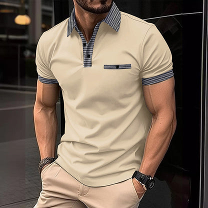 Herren Polohemd Karo-Kragen Taschen Baumwolle Weiß-