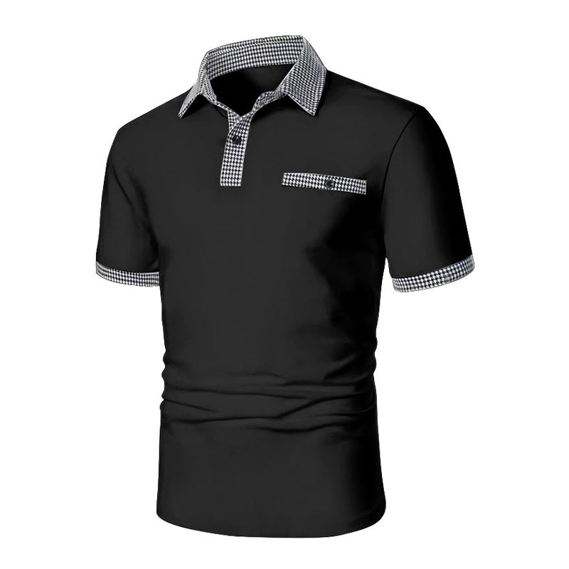 Herren Polohemd Karo-Kragen Taschen Baumwolle Weiß-
