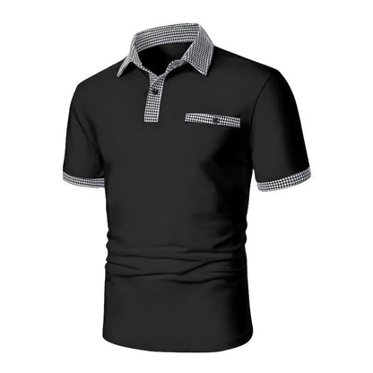 Herren Polohemd Karo-Kragen Taschen Baumwolle Weiß-