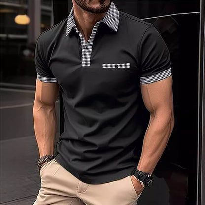 Herren Polohemd Karo-Kragen Taschen Baumwolle Weiß-