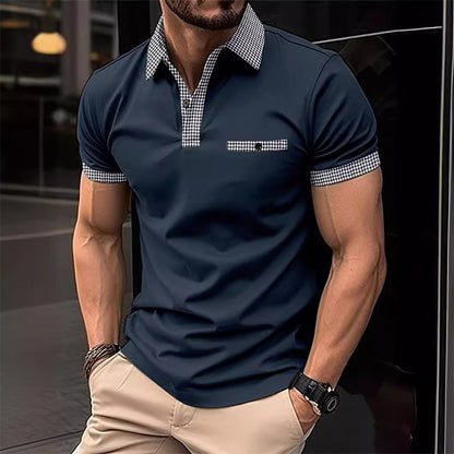 Herren Polohemd Karo-Kragen Taschen Baumwolle Weiß-