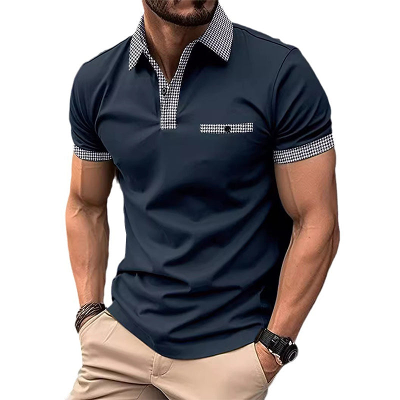 Herren Polohemd Karo-Kragen Taschen Baumwolle Weiß-Schwarz - Eveloria