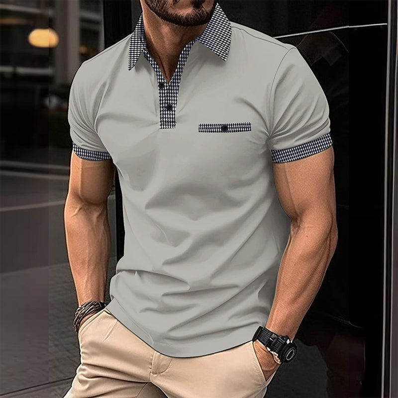 Herren Polohemd Karo-Kragen Taschen Baumwolle Weiß-