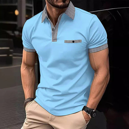 Herren Polohemd Karo-Kragen Taschen Baumwolle Weiß-
