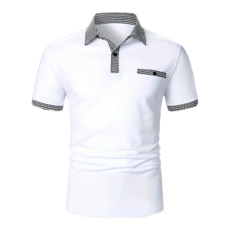 Herren Polohemd Karo-Kragen Taschen Baumwolle Weiß-