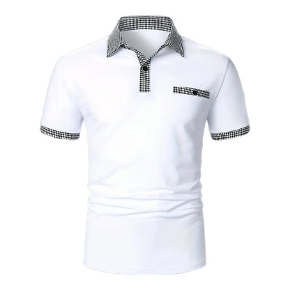 Herren Polohemd Karo-Kragen Taschen Baumwolle Weiß-