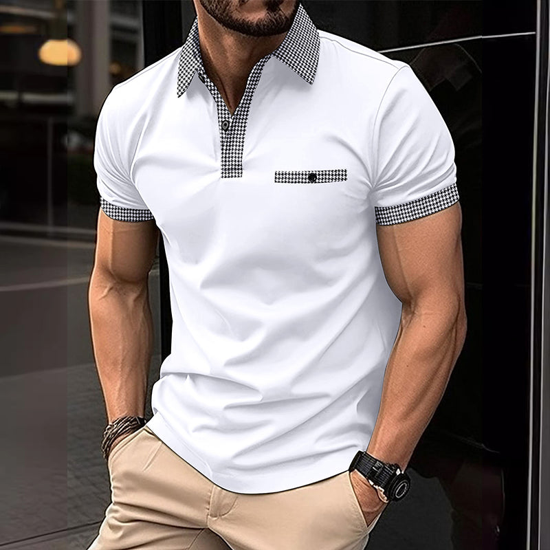 Herren Polohemd Karo-Kragen Taschen Baumwolle Weiß-