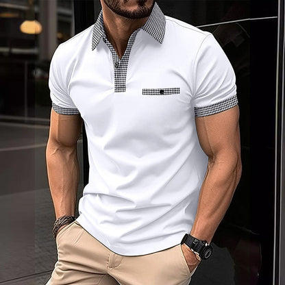 Herren Polohemd Karo-Kragen Taschen Baumwolle Weiß-