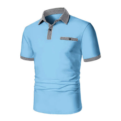 Herren Polohemd Karo-Kragen Taschen Baumwolle Weiß-