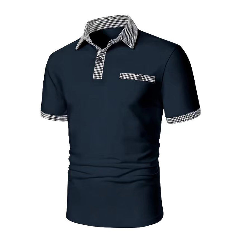 Herren Polohemd Karo-Kragen Taschen Baumwolle Weiß-