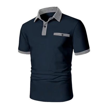 Herren Polohemd Karo-Kragen Taschen Baumwolle Weiß-