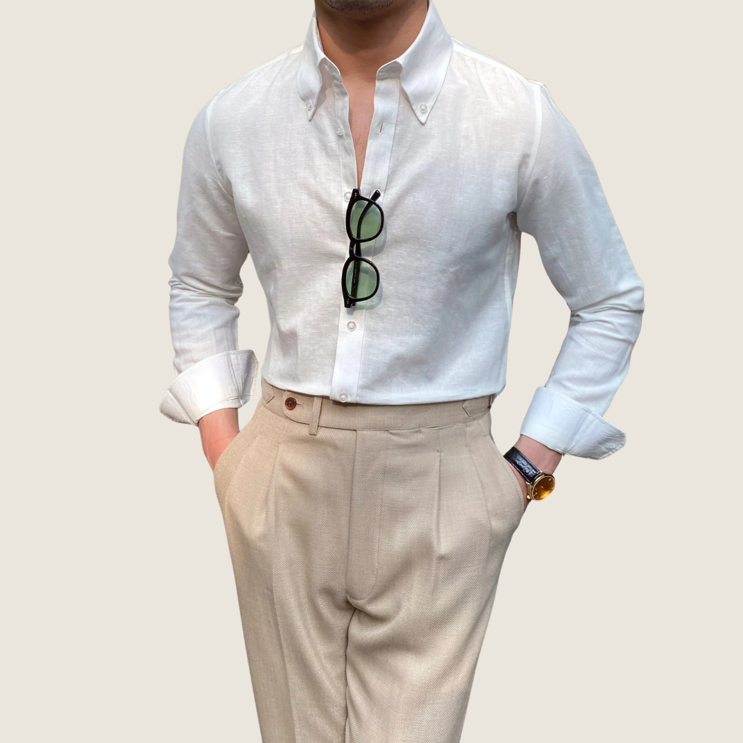 Herren Langarm Freizeitshirt Button-Down Baumwolle Weiß - Eveloria