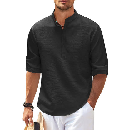 Herren Freizeitshirt Stehkragen Halbknopfleiste