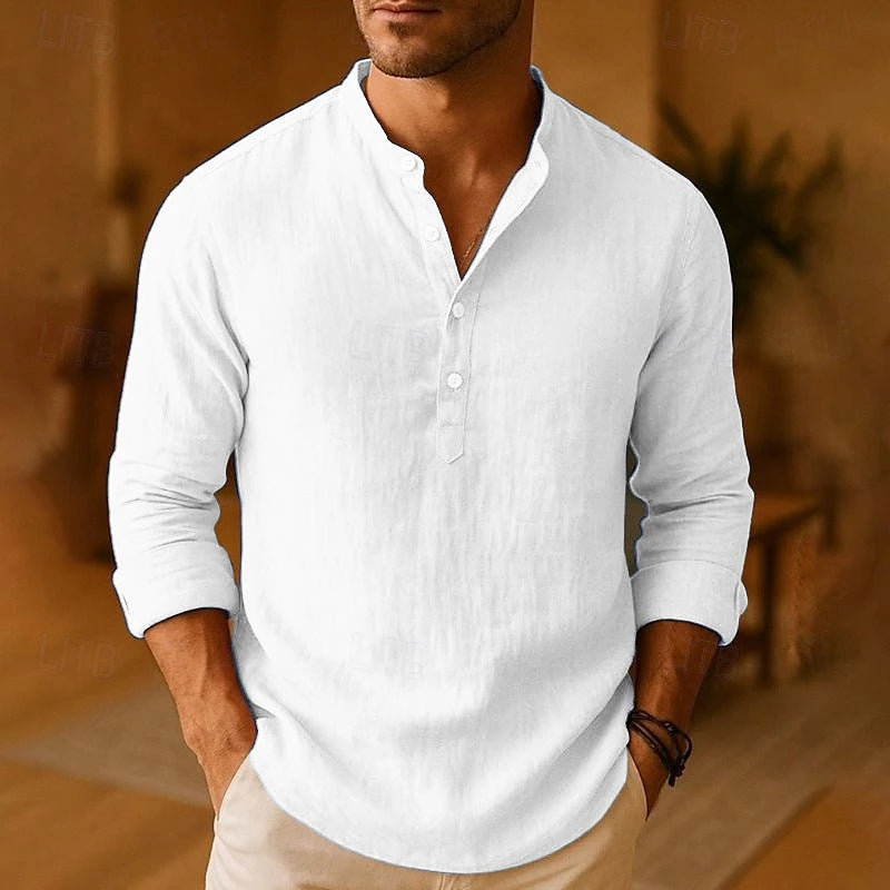 Herren Langarmshirt Knopfkragen Freizeit Baumwolle Weiß