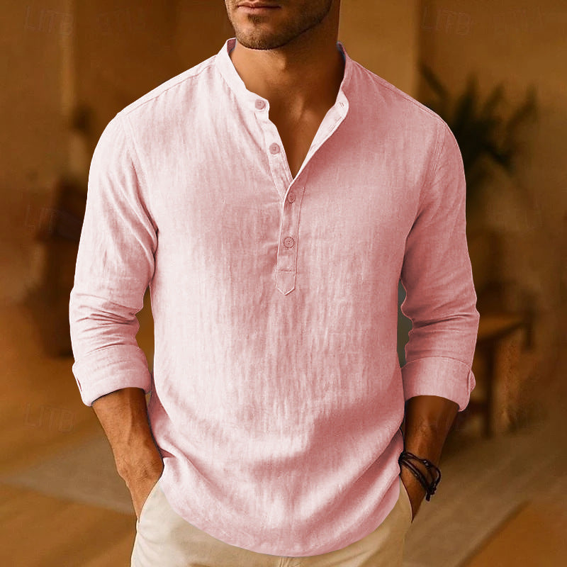 Herren Langarmshirt Knopfkragen Freizeit Baumwolle Weiß