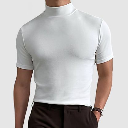 Herren T-Shirt Stehkragen Kurzarm Weiss