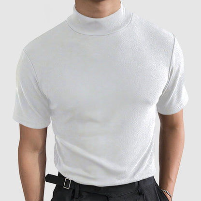 Herren T-Shirt Stehkragen Kurzarm Weiss