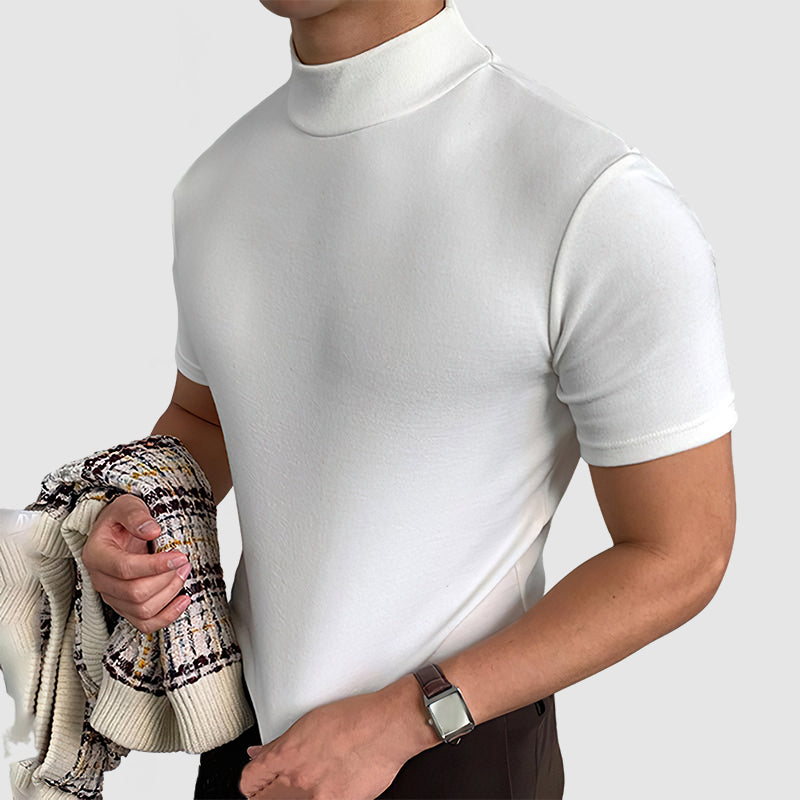 Herren T-Shirt Stehkragen Kurzarm Weiss