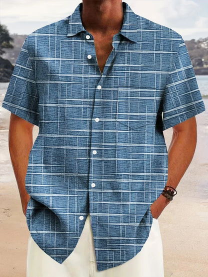 Herren Freizeitshirt Kurzarm Muster Knopfweiß