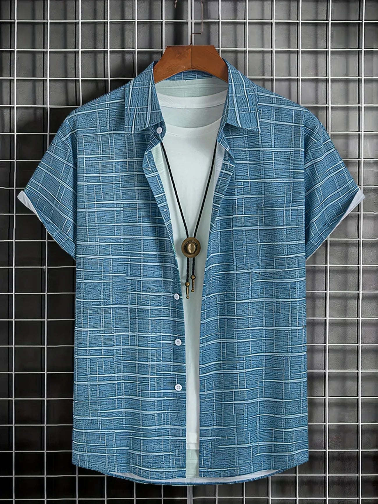 Herren Freizeitshirt Kurzarm Muster Knopfweiß
