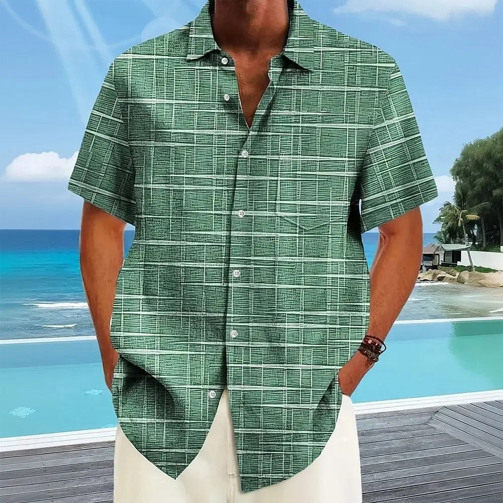 Herren Freizeitshirt Kurzarm Muster Knopfweiß - Eveloria