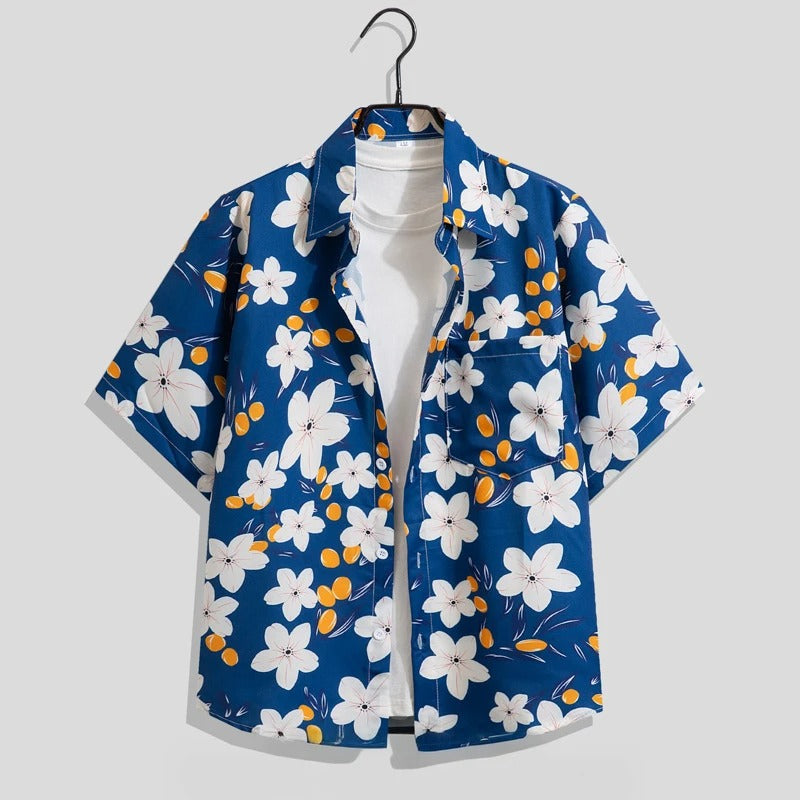 Herren Freizeitshirt Blumenmuster Kurzarm Baumwolle - Eveloria