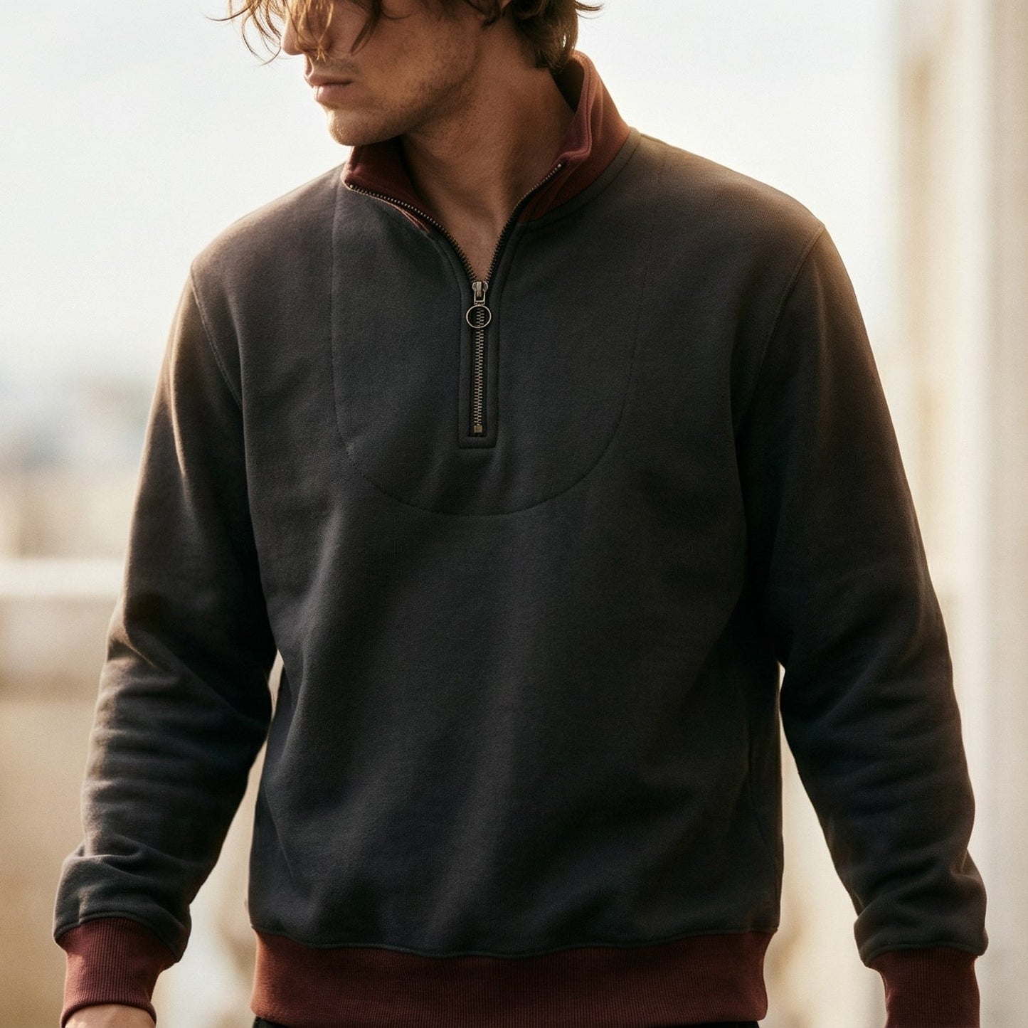 Herren Pullover Kontrastbesatz Halbzipp Verschiedene Farben