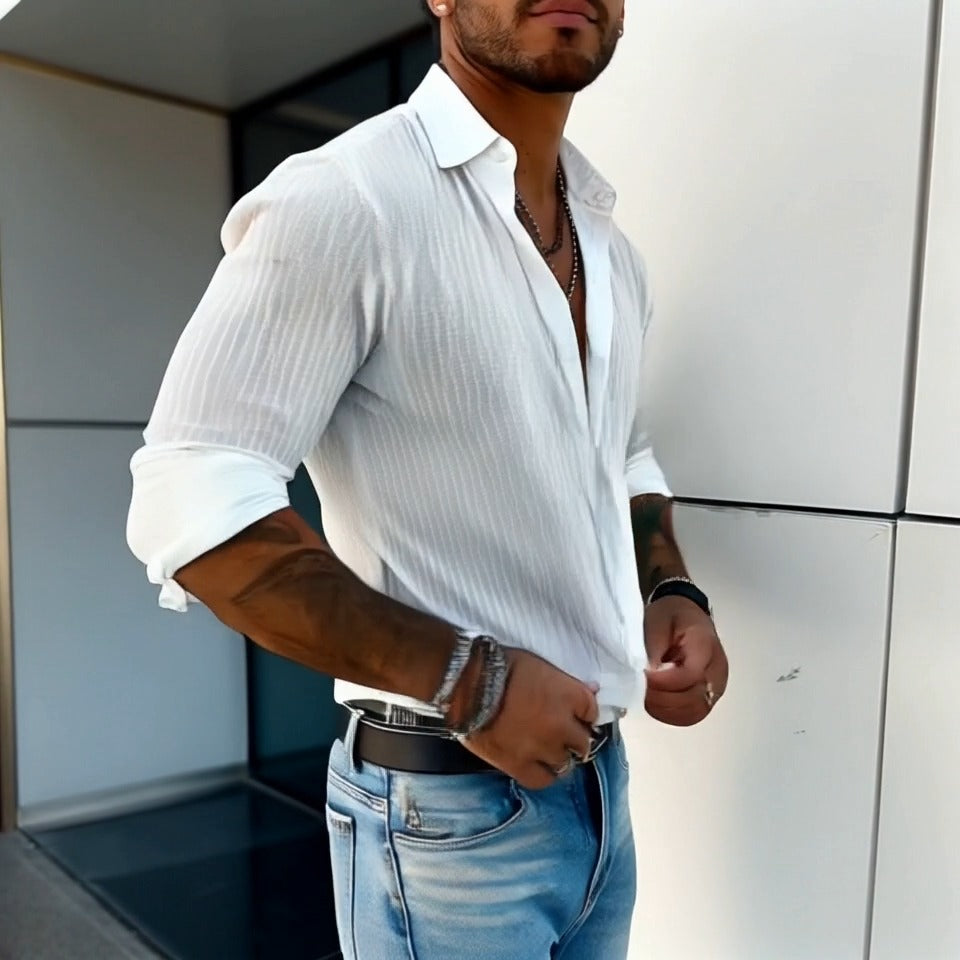 Herren Slim Fit Knopfhemd Gerippt Weiß
