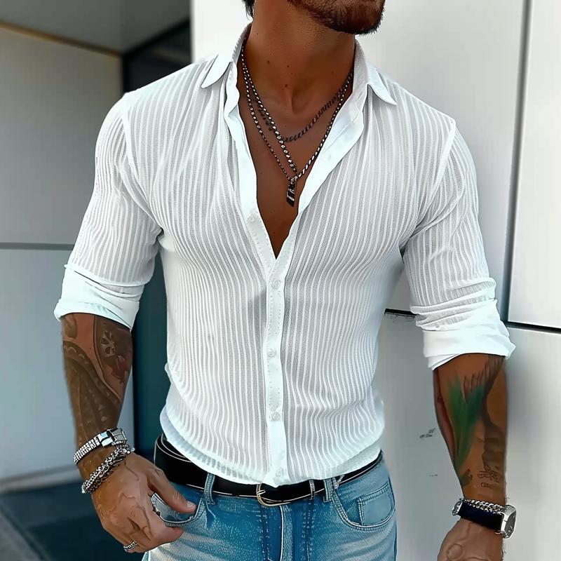 Herren Slim Fit Knopfhemd Gerippt Weiß