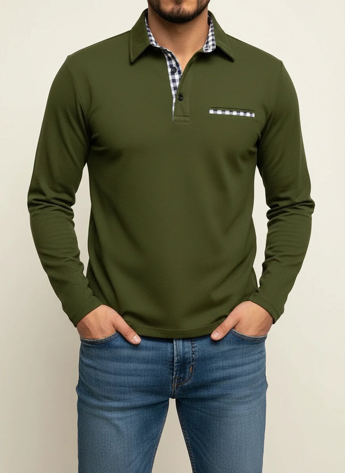 Herren Langarm Polohemd Karo-Besatz Baumwolle Blau