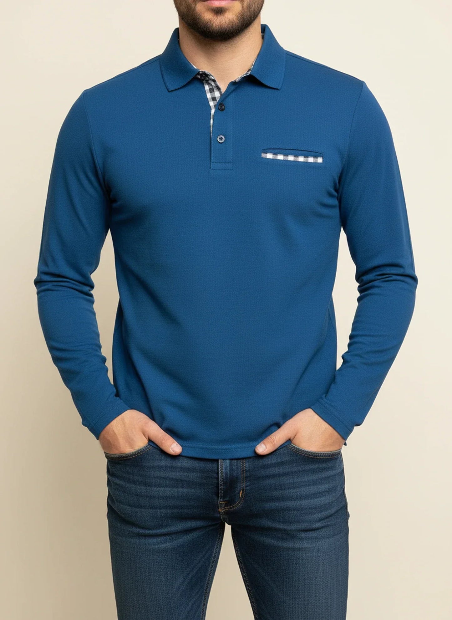 Herren Langarm Polohemd Karo-Besatz Baumwolle Blau