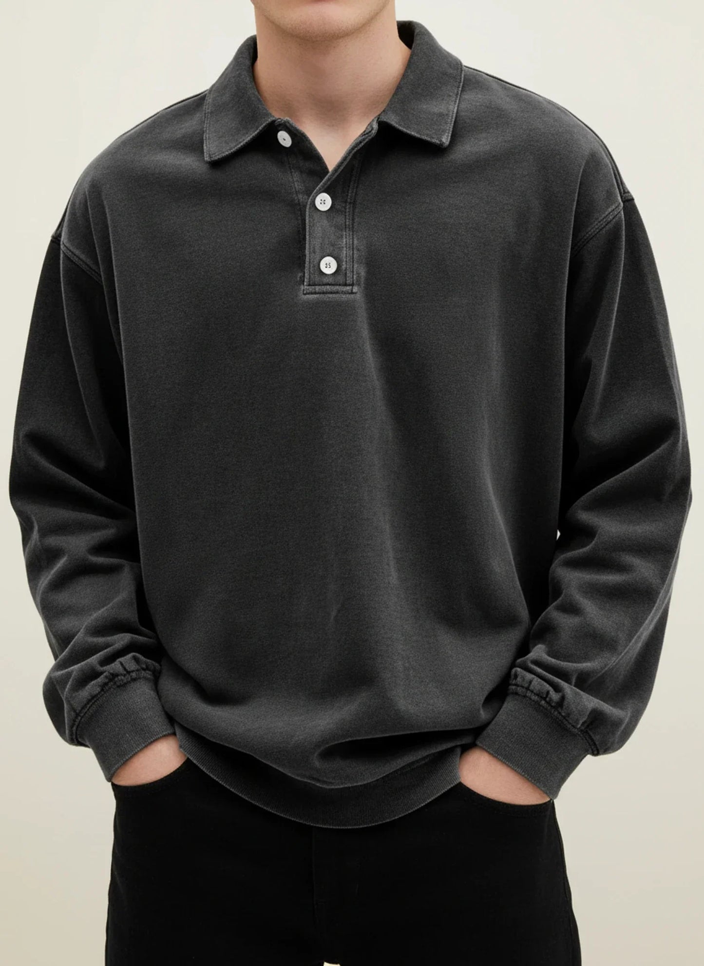 Herren Polo-Shirt Langarm Relaxed Fit Knopfleiste Weiß