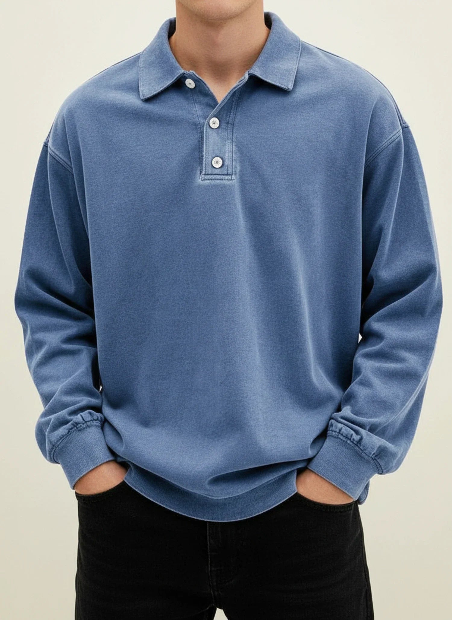 Herren Polo-Shirt Langarm Relaxed Fit Knopfleiste Weiß - Eveloria