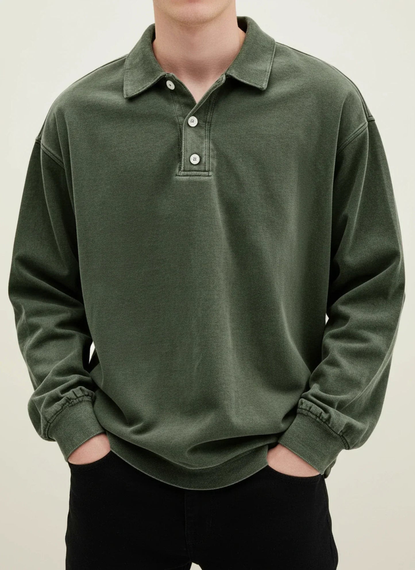Herren Polo-Shirt Langarm Relaxed Fit Knopfleiste Weiß
