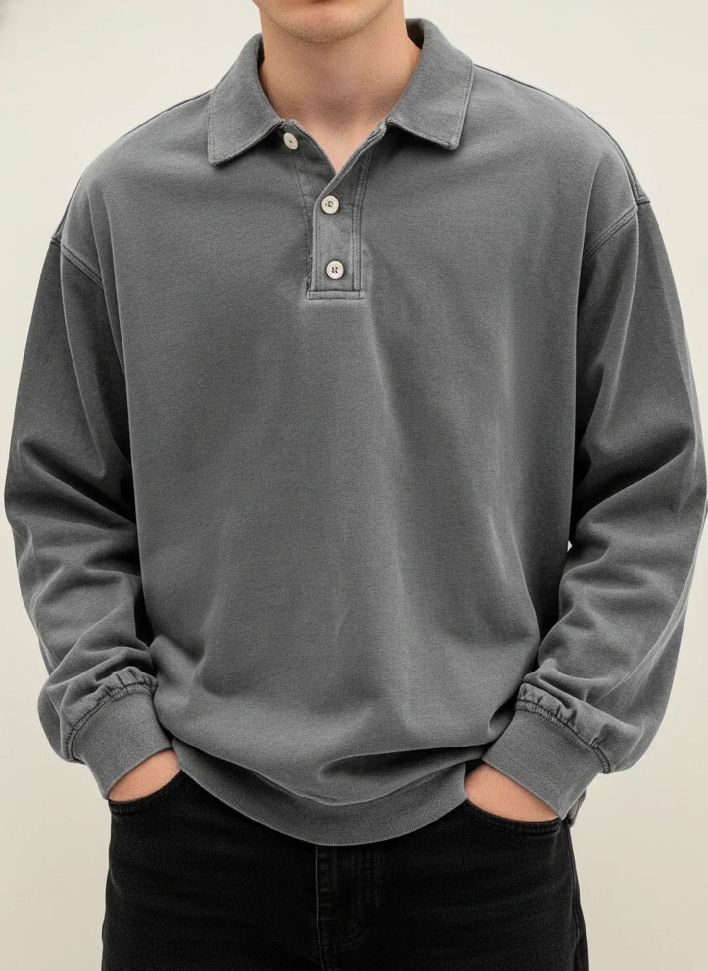 Herren Polo-Shirt Langarm Relaxed Fit Knopfleiste Weiß